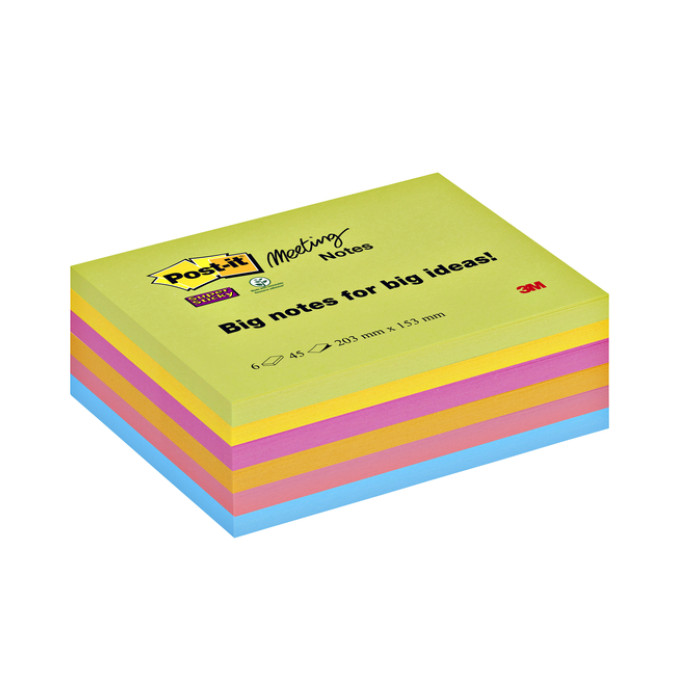 Memoblok Post-it 8645 Super Sticky 203x153mm assorti 6 stuks