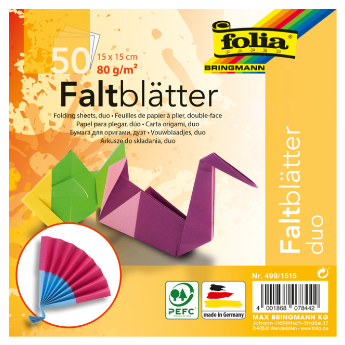 Vouwblaadjes Folia 80gr 15x15cm 50 vel 2-zijdig 10 duo kleuren