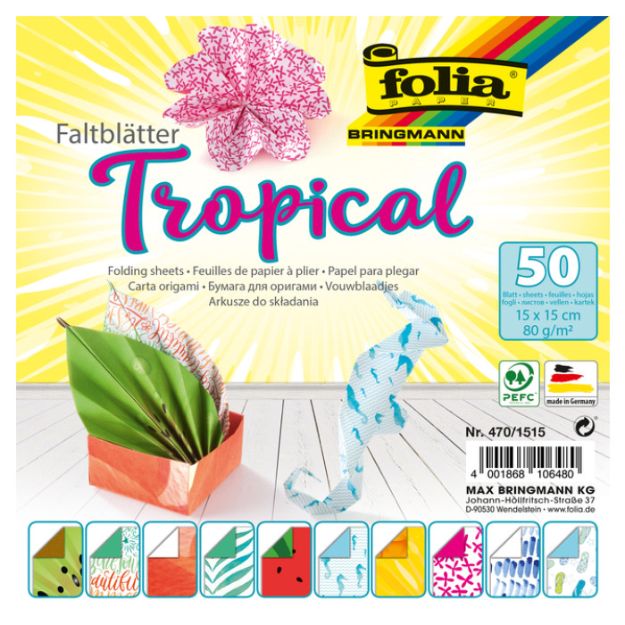 Vouwblaadjes Folia 80gr 15x15cm 50 vel 2-zijdig 10 tropical designs