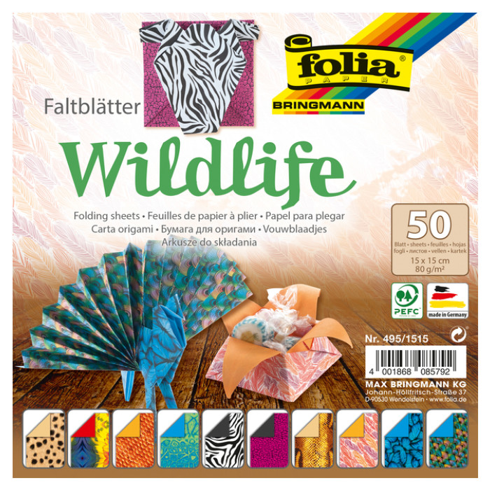 Vouwblaadjes Folia 80gr 15x15cm 50 vel 2-zijdig 10 wildlife designs