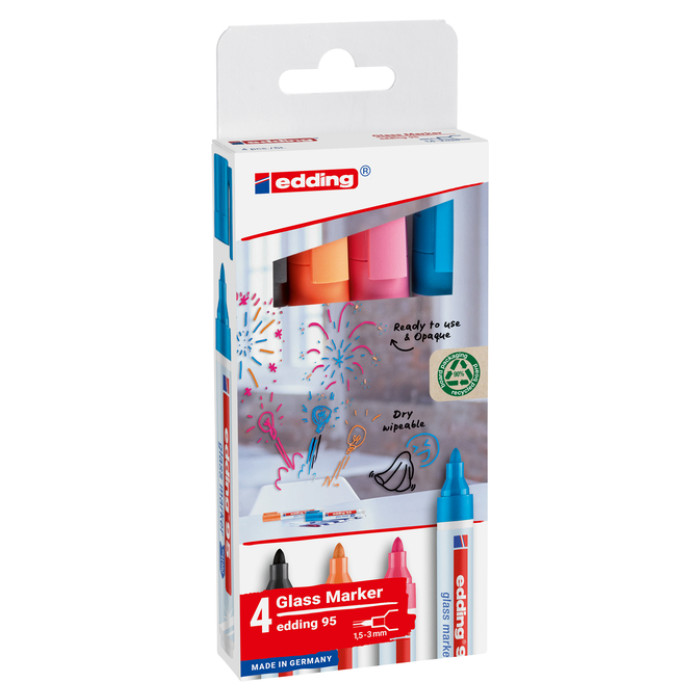 Viltstift edding 95 glasbord rond 1.5-3mm incl zwart assorti 4 stuks