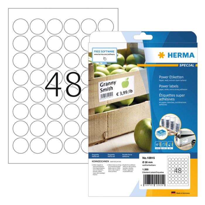 Etiket HERMA Power 10915 rond 30mm wit 1200stuks