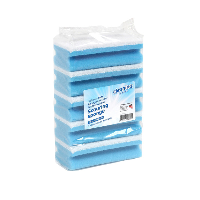 Schuurspons Cleaninq met greep 140x70x42mm blauw/wit 5 stuks