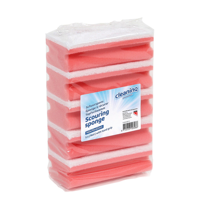 Schuurspons Cleaninq met greep 140x70x42mm rood/wit 5 stuks