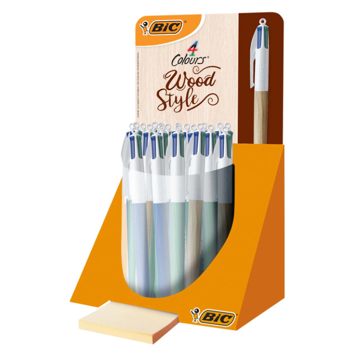 Balpen Bic 4kleuren wood medium assorti