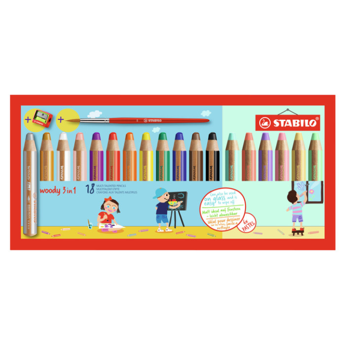 Kleurpotloden STABILO 880 woody 3 in 1 incl puntenslijper en penseel assorti etui à 18 stuks