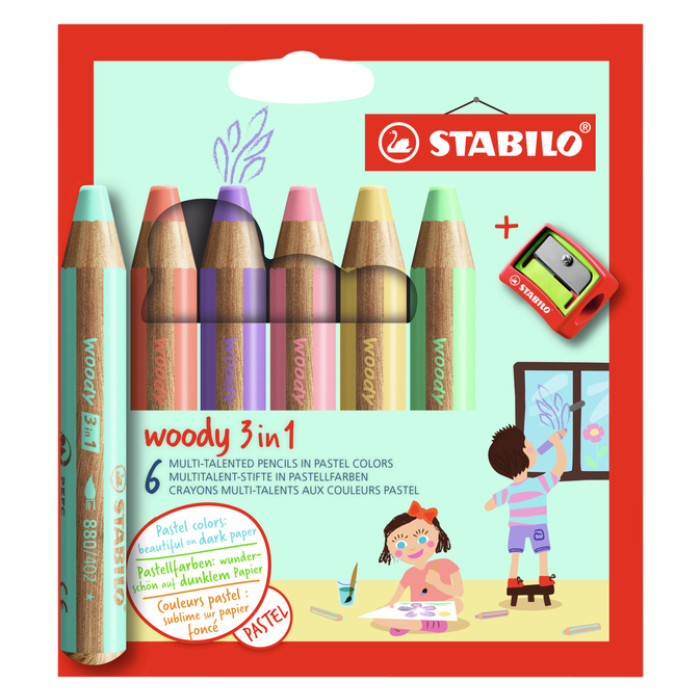 Kleurpotloden STABILO 880 woody inclusief puntenslijper pastel assorti etui à 6 stuks