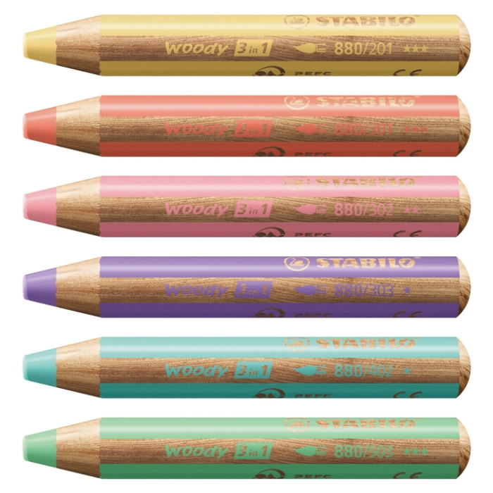 Kleurpotloden STABILO 880 woody inclusief puntenslijper pastel assorti etui à 6 stuks