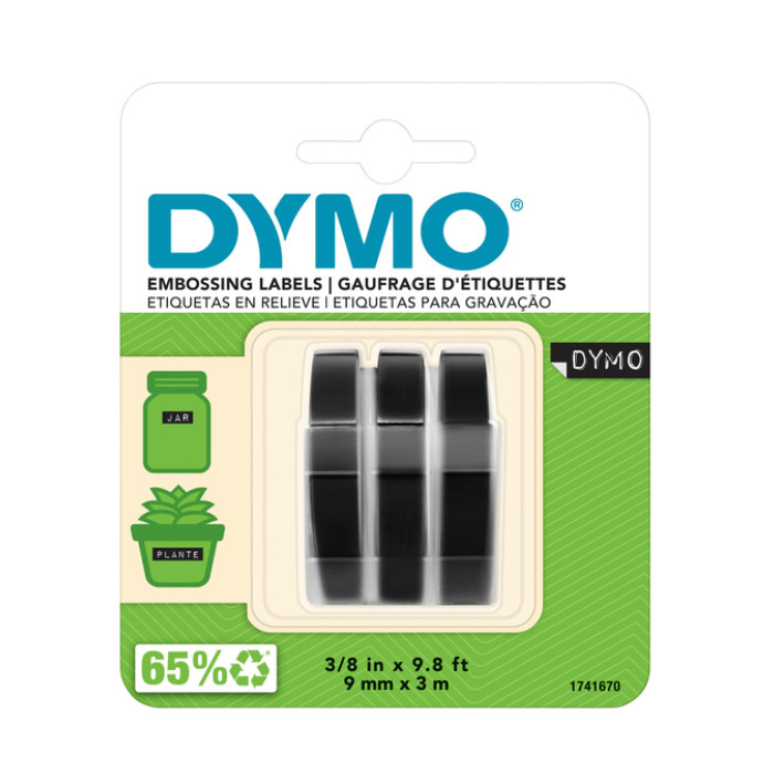 Reliëftape Dymo embossing plastic 9mm zwart op wit 3 stuks