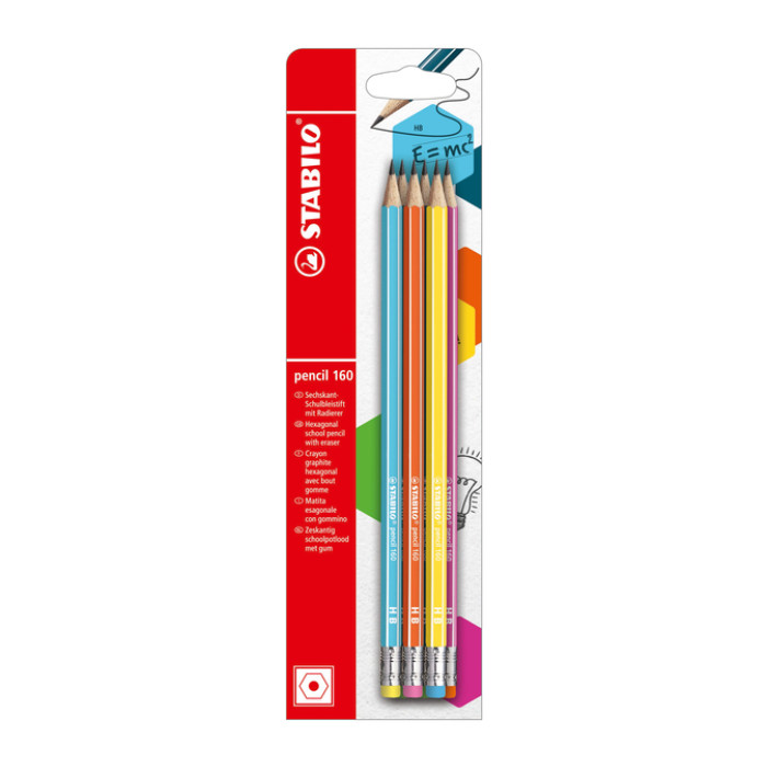 Potlood STABILO grafiet 160 HB met gumtop assorti blister à 6 stuks