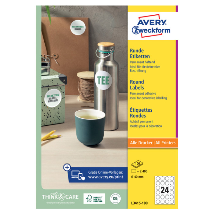 Etiket Avery Zweckform L3415 rond 40mm wit