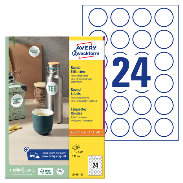 Etiket Avery Zweckform L3415 rond 40mm wit