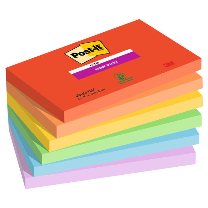 Memoblok Post-it 655 Super Sticky 76x127mm Playful 6 stuks