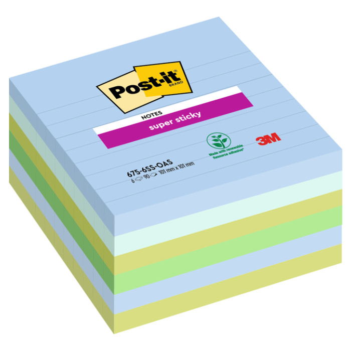 Memoblok Post-it 675-6 Super Sticky 101x101mm Oasis 6 stuks