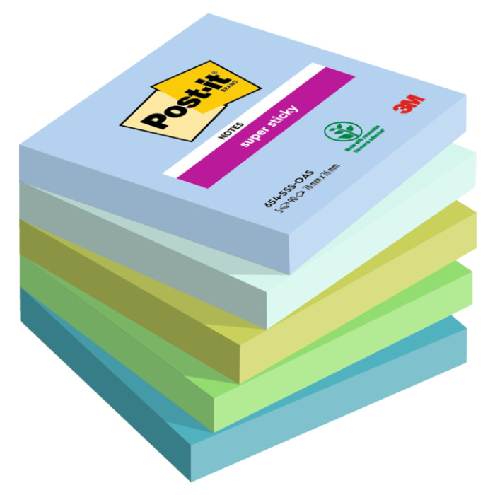 Memoblok Post-it 654 Super Sticky 76x76mm Oasis 5 stuks