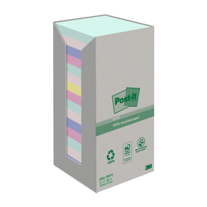 Memoblok Post-it 654-RTP 76x76mm recycled rainbow pastel 16 stuks