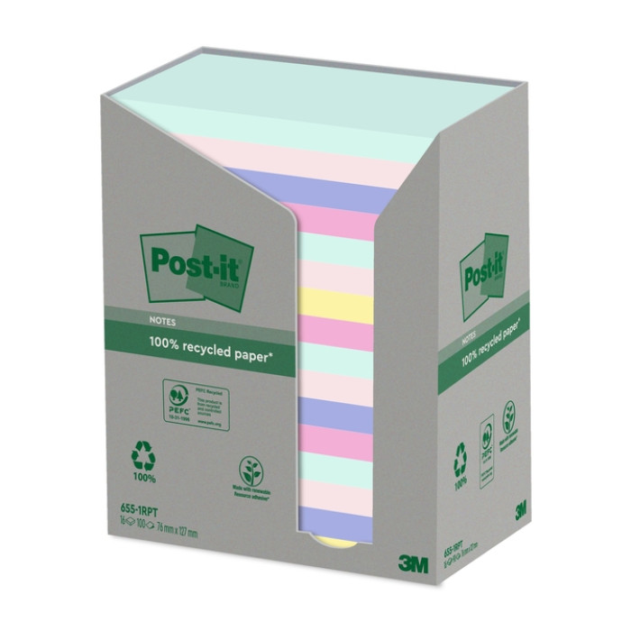 Memoblok Post-it 655-RPT 76x127mm recycled rainbow pastel 16 stuks