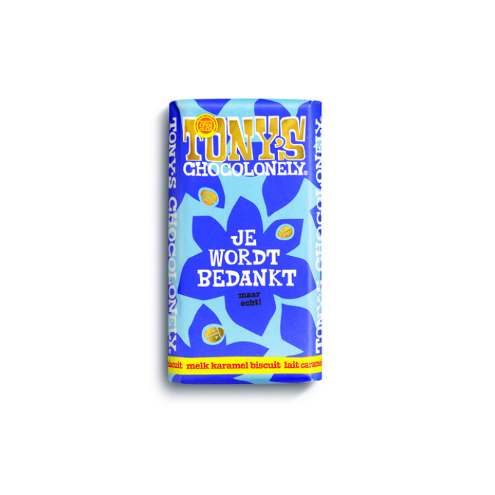 Chocolade Tony's Chocolonely je wordt bedankt reep melk karamel biscuit 180gr