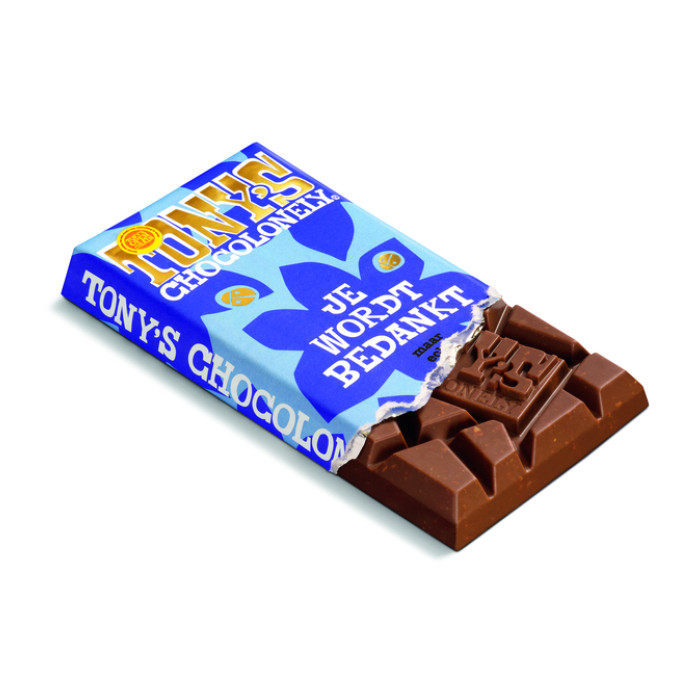 Chocolade Tony's Chocolonely je wordt bedankt reep melk karamel biscuit 180gr