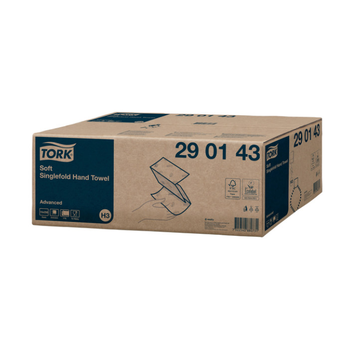 Handdoek Tork H3 Advanced singlefold 2-laags 226x230mm 15x250 vel wit 290143