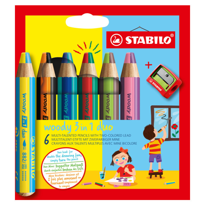Kleurpotloden STABILO 882 woody 3 in 1 duo inclusief puntenslijper assorti etui 6 à stuks