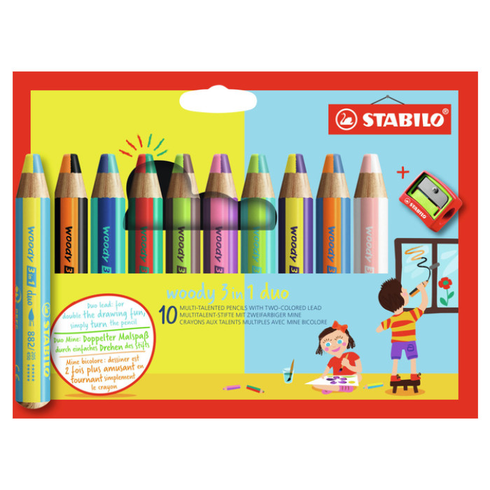 Kleurpotloden STABILO 882 woody 3 in 1 duo inclusief puntenslijper assorti etui 10 à stuks