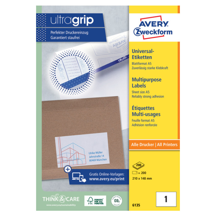 Etiket Avery Zweckform 6135 210x148mm wit 200stuks