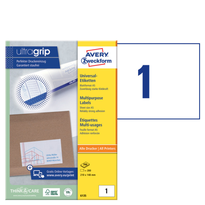 Etiket Avery Zweckform 6135 210x148mm wit 200stuks
