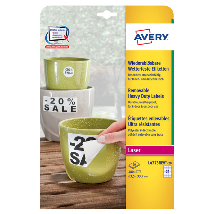 Etiket Avery L4773REV-20 63.5x33.9mm wit 480 etiketten