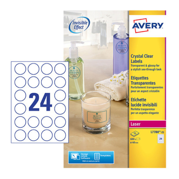 Etiket Avery L7780-25 rond 40mm transparant 600 etiketten