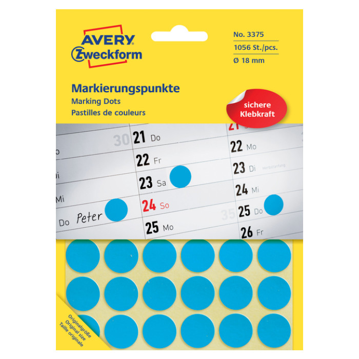 Etiket Avery Zeckform 3375 rond 18mm blauw 1056stuks