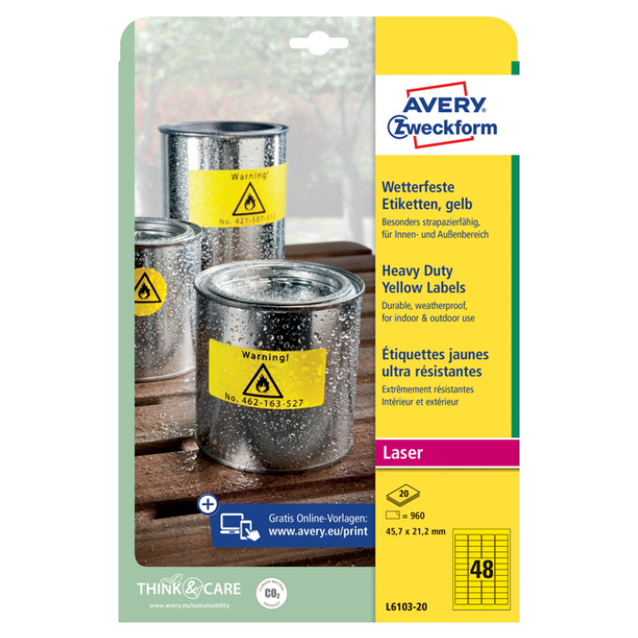 Etiket Avery Zweckform L6103-20 45.7x21.2mm geel 960stuks