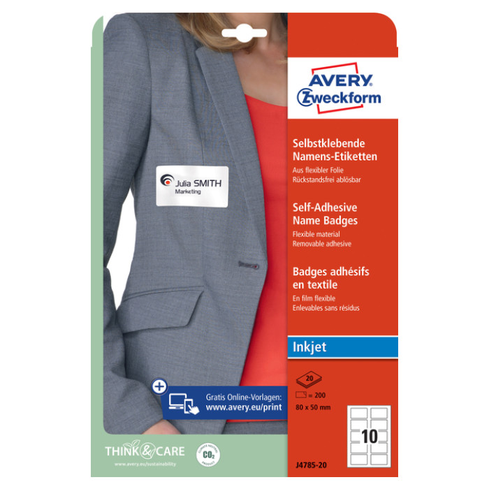 Naambadge etiket Avery Zweckform J4785-20 80x50mm wit 200 etiketten