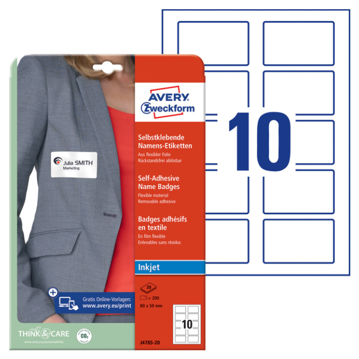 Naambadge etiket Avery Zweckform J4785-20 80x50mm wit 200 etiketten