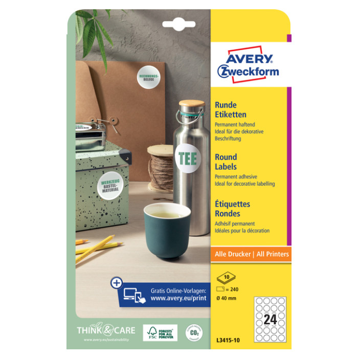 Etiket Avery Zweckform L3415-10 rond 40mm wit 240stuks