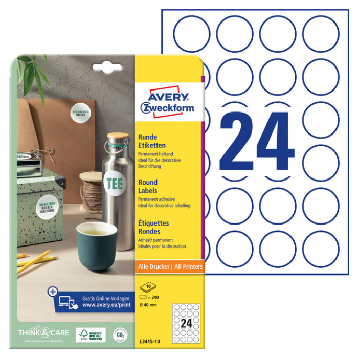 Etiket Avery Zweckform L3415-10 rond 40mm wit 240stuks