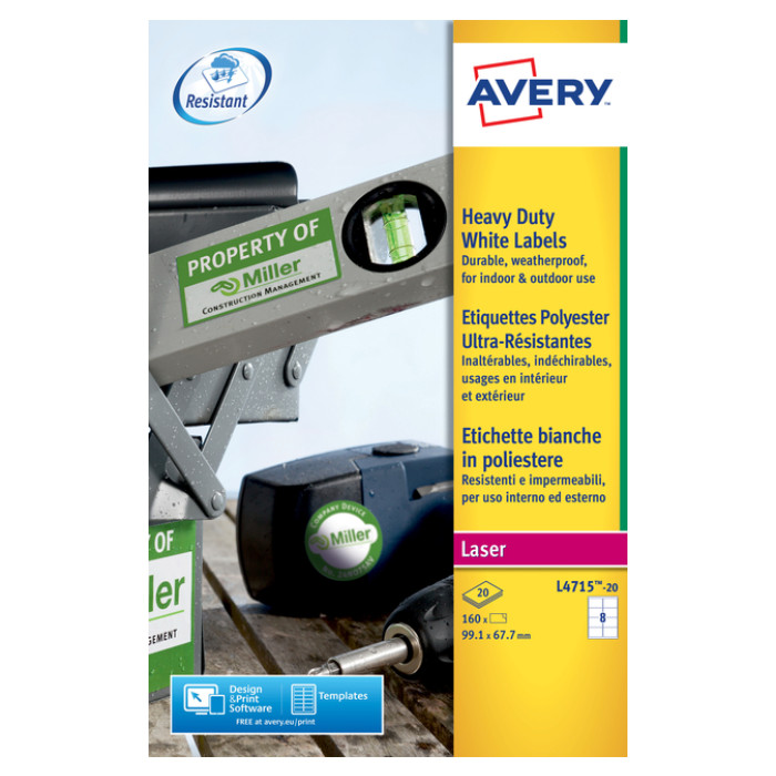 Etiket Avery L4715-20 99.1x67.7mm weerbestendig wit 160 etiketten