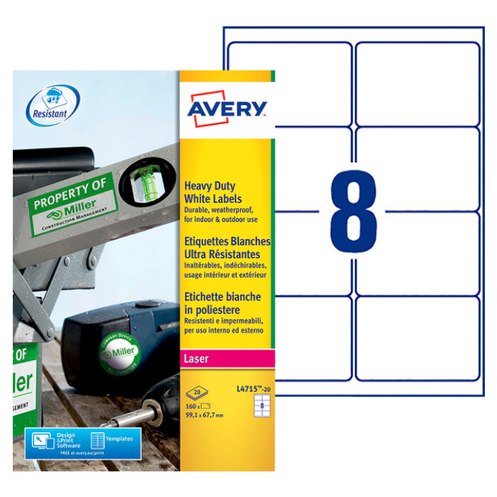 Etiket Avery L4715-20 99.1x67.7mm weerbestendig wit 160 etiketten