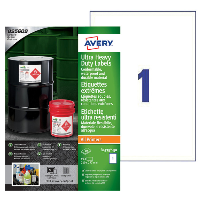 Etiket Avery B4775-50 210x297mm polyethyleen wit 50 etiketten