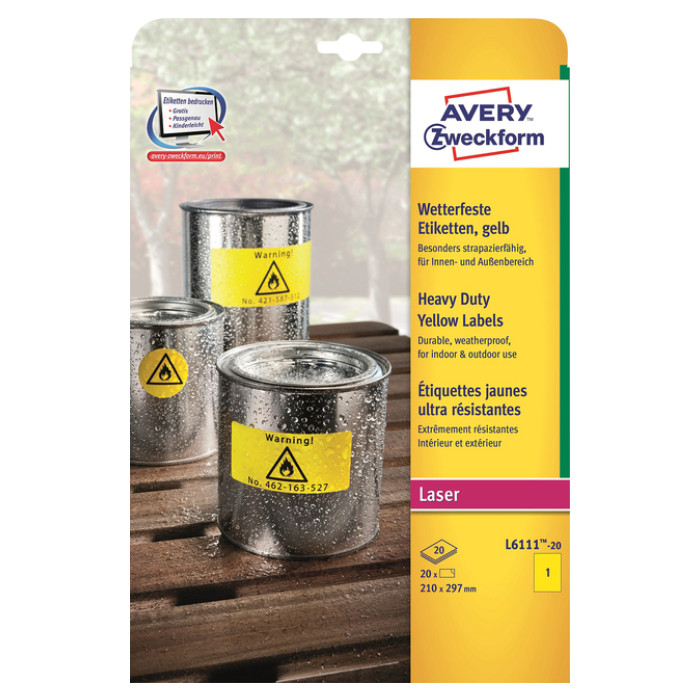 Etiket Avery Zweckform L6111-20 210x297mm geel 20stuks
