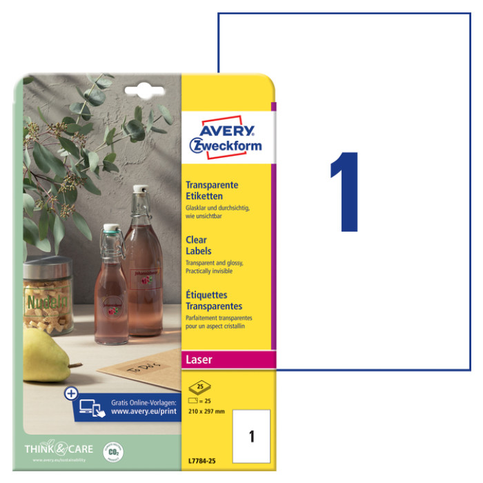 Etiket Avery Zweckform L7784-25 210x297mm transparant 25stuks