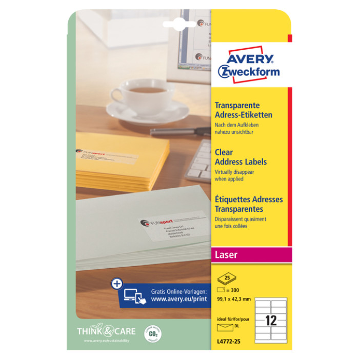 Etiket Avery Zweckform L4772-25 99.1x42.3 mm transparant mat 300stuks