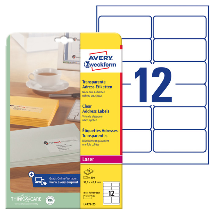 Etiket Avery Zweckform L4772-25 99.1x42.3 mm transparant mat 300stuks