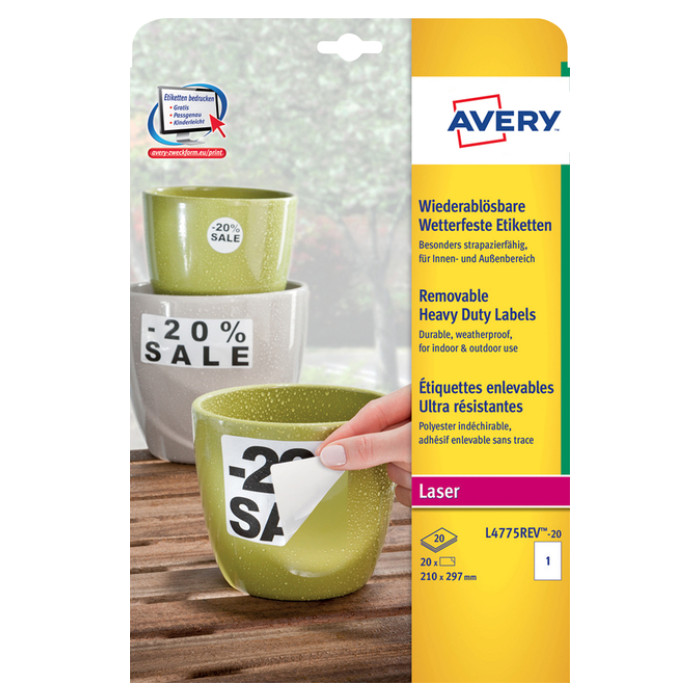 Etiket Avery L4775REV-20 210x297mm wit 20 etiketten