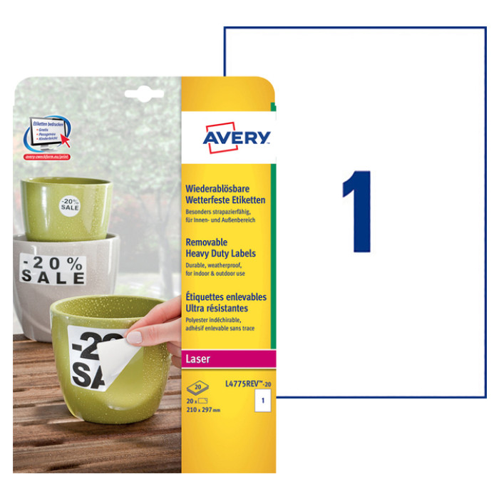 Etiket Avery L4775REV-20 210x297mm wit 20 etiketten