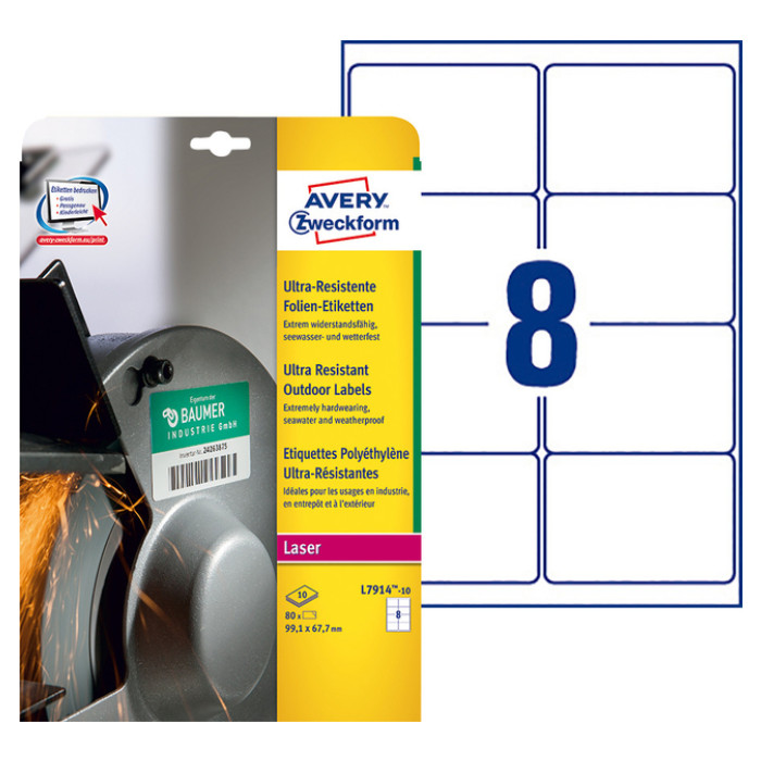 Etiket Avery Zweckform L7914-10 99.1x67.7mm polyester wit 80stuks