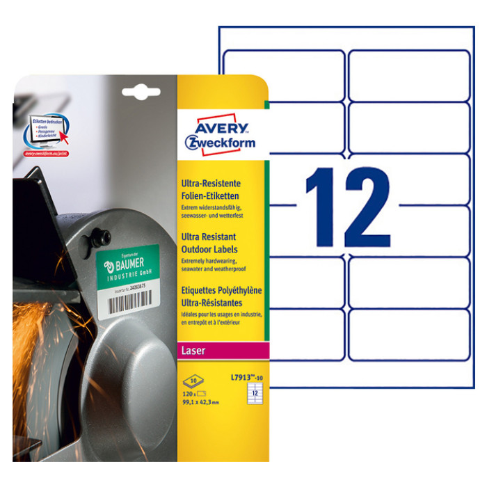 Etiket Avery Zweckform L7913-10 99.1x42.3mm polyester wit 120stuks