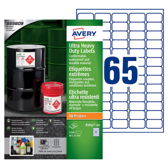 Etiket Avery B7651-50 38x21mm polyethyleen wit 3250 etiketten