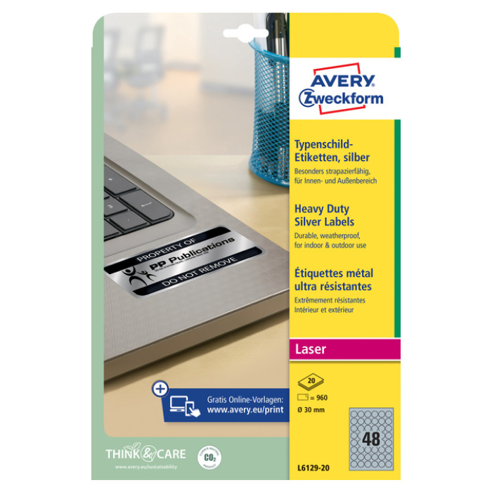 Etiket Avery Zweckform L6129-20 rond 30mm zilver 960stuks