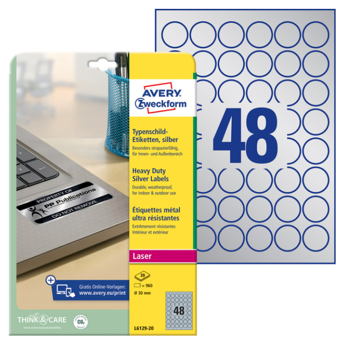 Etiket Avery Zweckform L6129-20 rond 30mm zilver 960stuks